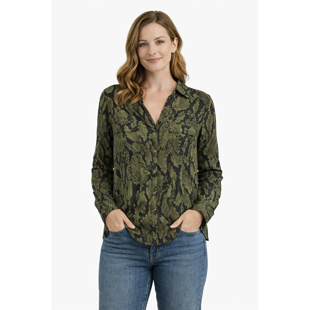 Express Womens Small Olive Green Snakeskin Button Up‎ Blouse Long Sleeve Top
